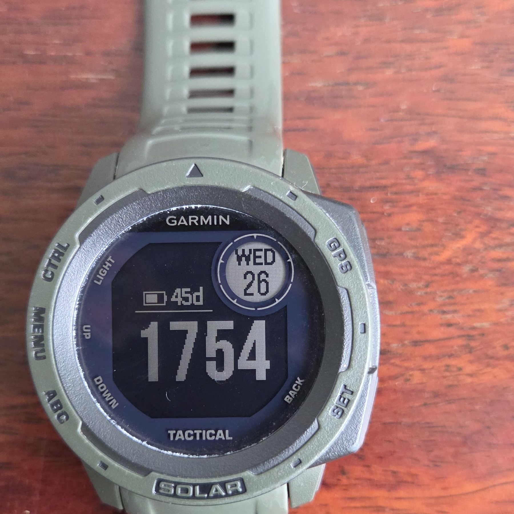 The same watch from slightly further back, showing the bezel markings.