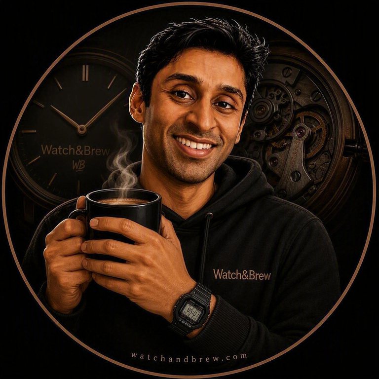 Giju Gnanadhas, holding a mug of coffee in both hands with a G-Shock on his wrist, in front of a watch dial and an open movement.
