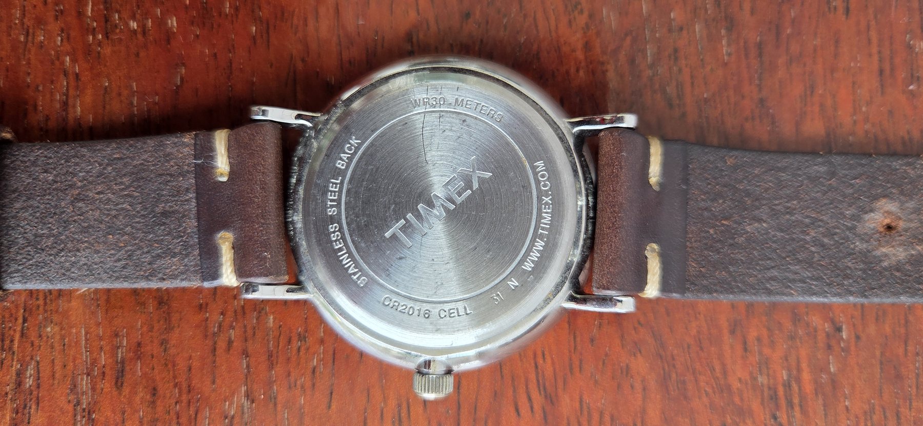 The stainless steel case back, stamped with the Timex logo and the water resistance rating.