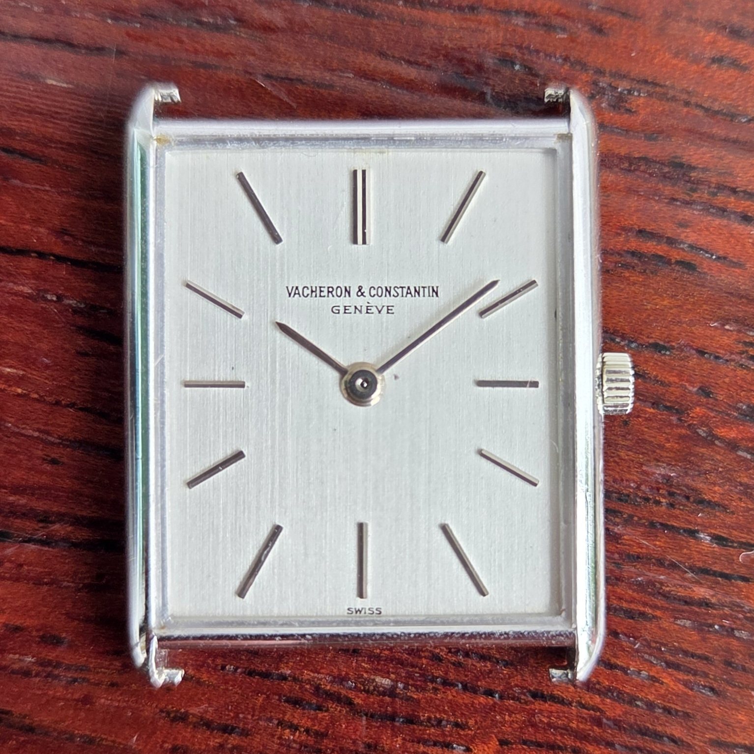 The Vacheron Constantin ref. 7753 square-on and off its strap, the whole white gold case filling the frame with the crown at three.